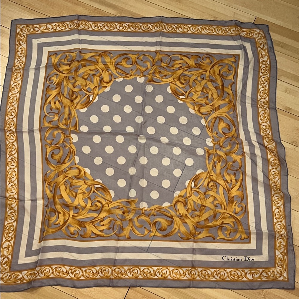 Dior Elegant Gold and Gray Scarf with Polka Dots - Picture 8 of 12